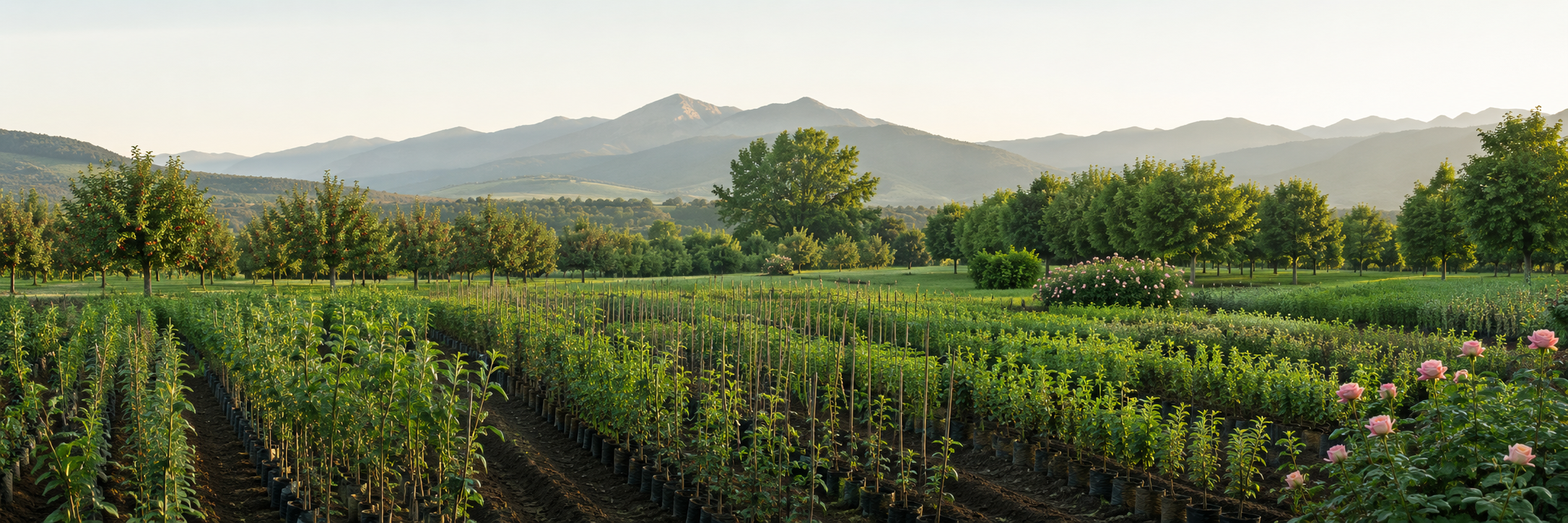 Green World nursery rows with fruit trees and the Caucasus foothills beyond